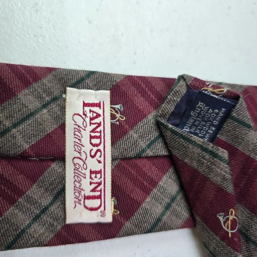 Vintage Land's End Charter Mens Neck Tie Wool Silk Blend French Horn Y2K 90s